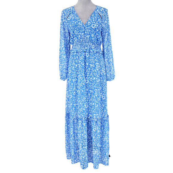 Avec Les Filles Dress Womens 2 Blue White Floral Smocked Maxi Chiffon Coastal - Picture 1 of 15